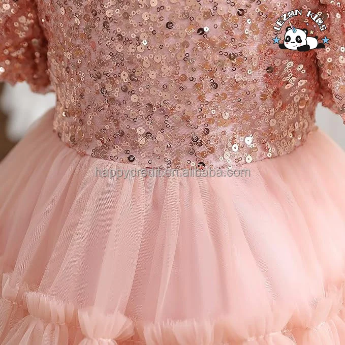LEZONKIDS - Vestidos Infantis de Festa com Manga Bufante Brilhante e Lantejoulas Personalizáveis com Malha de Renda para Meninas Pequenas